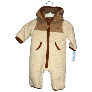 NWT Carter's Cream and Brown Fleece Hooded Zip Up Baby One Piece size 3mo